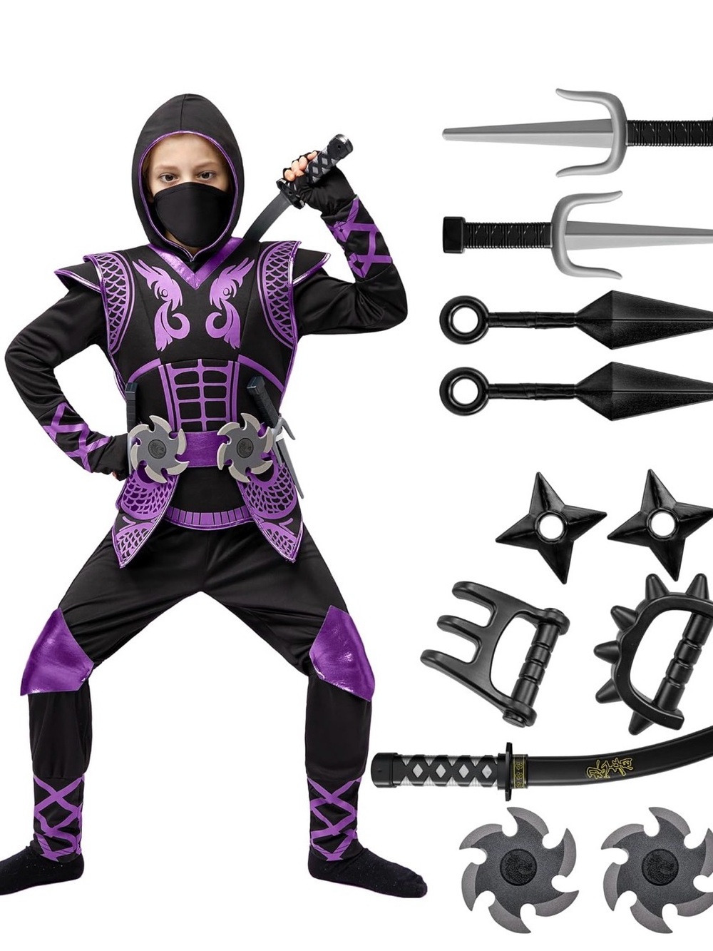 Purple Ninja Costume Set, Ninja Jumpsuit with Foam Accessories Size Large 10-12y